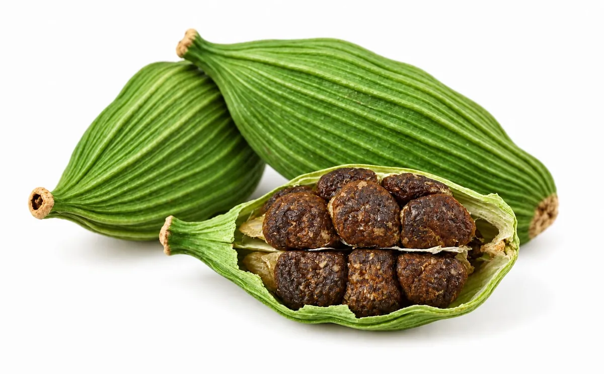 Green cardamom pod opened to show the seeds inside